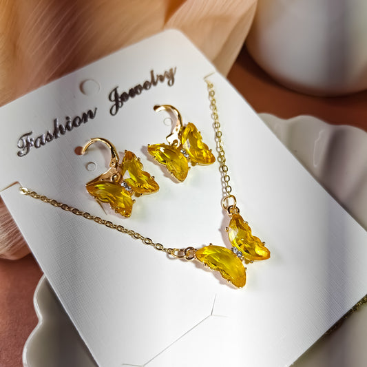 Butterfly Pendant Earrings Combo Set - Aqua Yellow