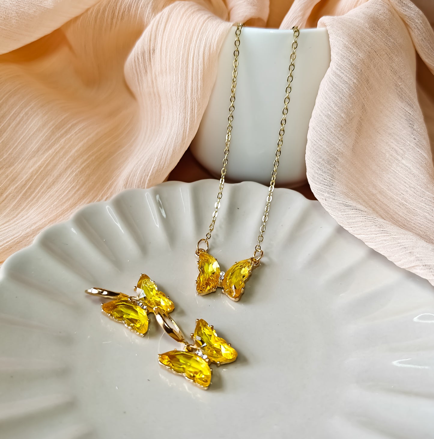 Butterfly Pendant Earrings Combo Set - Aqua Yellow