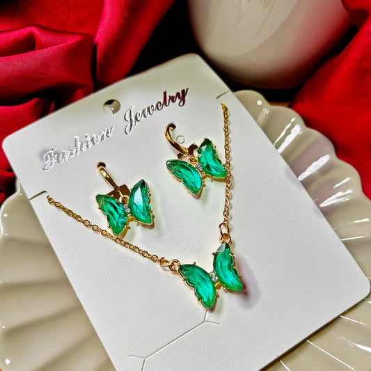 Butterfly Pendant Earrings Combo Set - Aqua Green