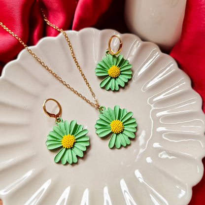 Daisy Pendant Earrings Combo Set - Green