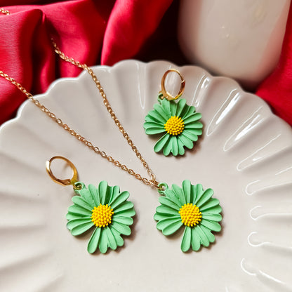 Daisy Pendant Earrings Combo Set - Green