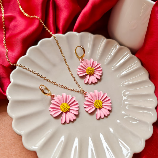 Daisy Pendant Earrings Combo Set - Pastel Pink