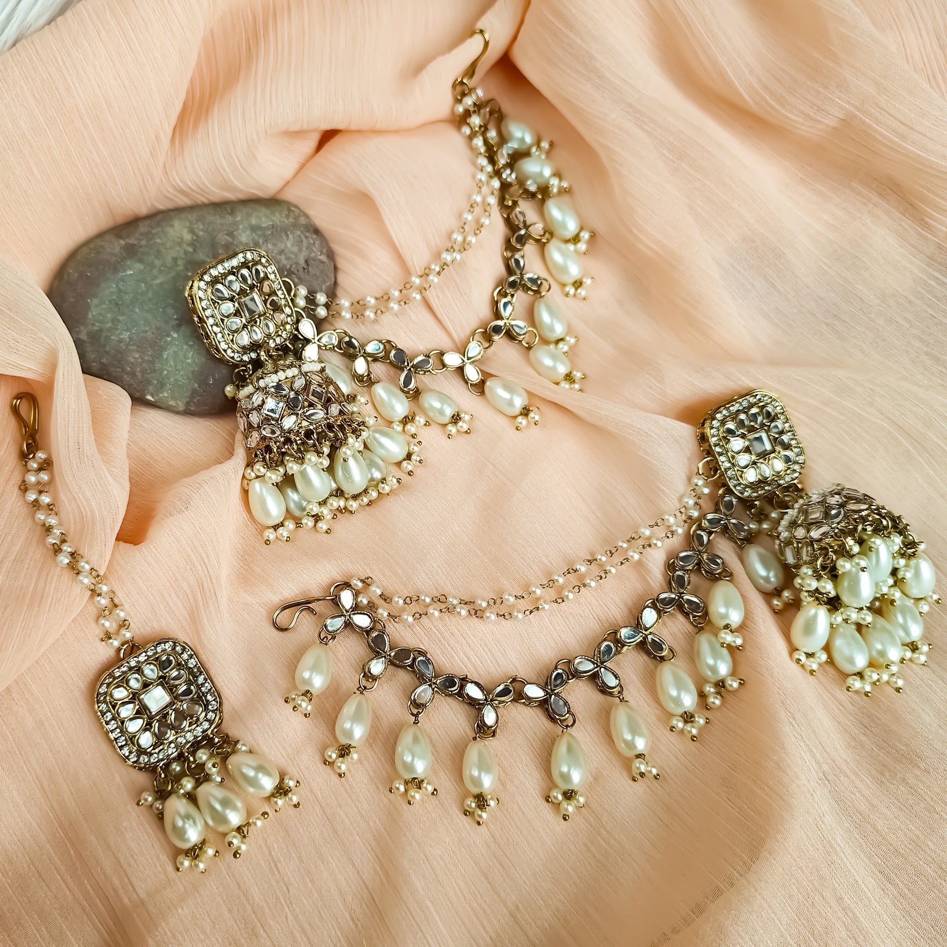 Mohika Mirror Jhumka Earrings with Sahara Tika Set Golden