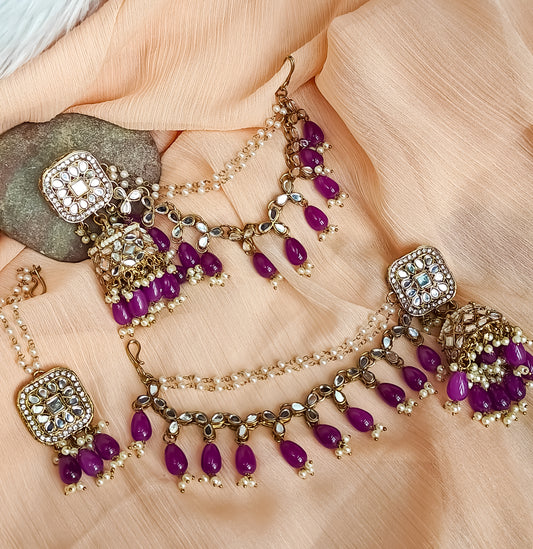 Mohika Mirror Jhumka Earrings with Sahara & Tika Set - Purple