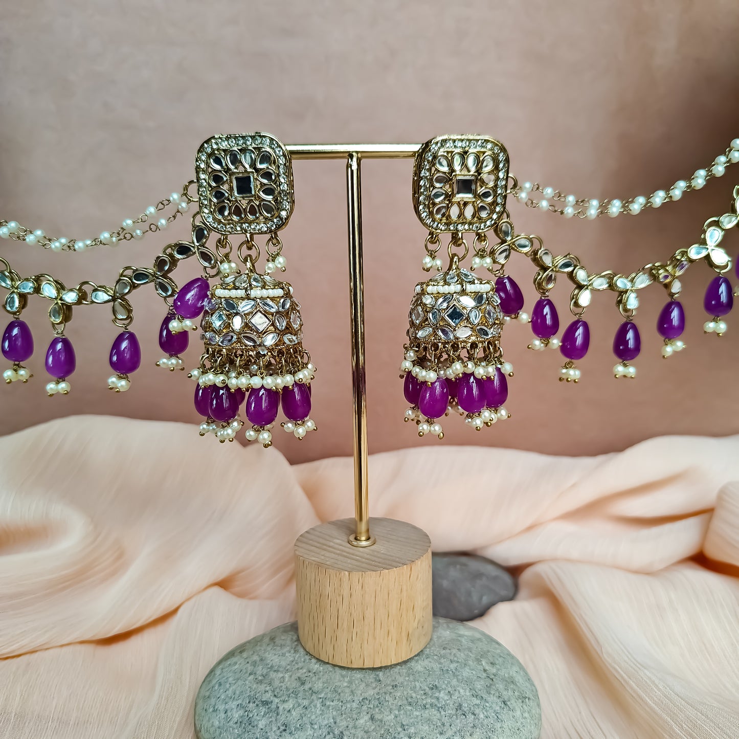 Mohika Mirror Jhumka Earrings with Sahara & Tika Set - Purple