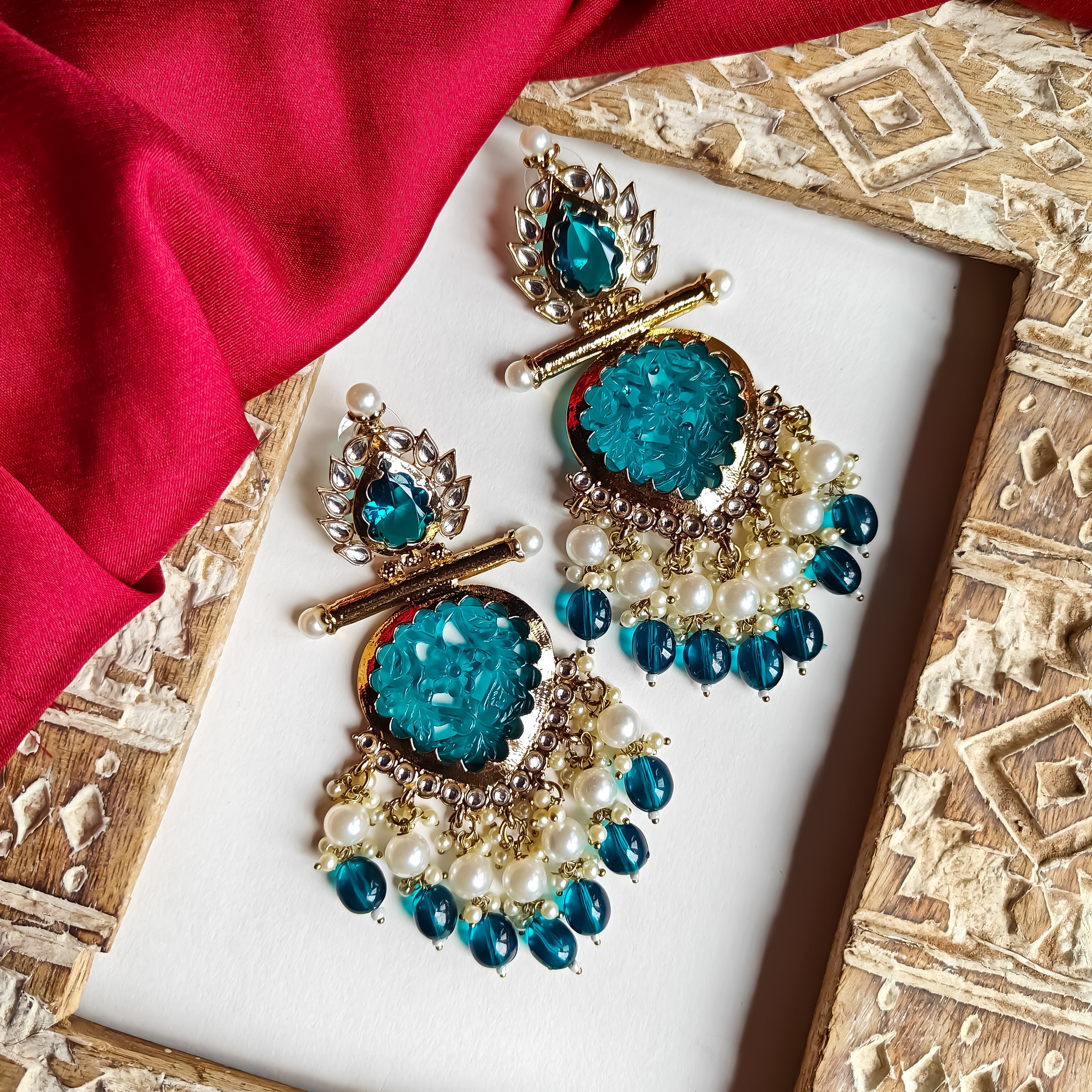 Shagun Cutwork Chandbali Earrings Peacock Blue The Shopping Tree