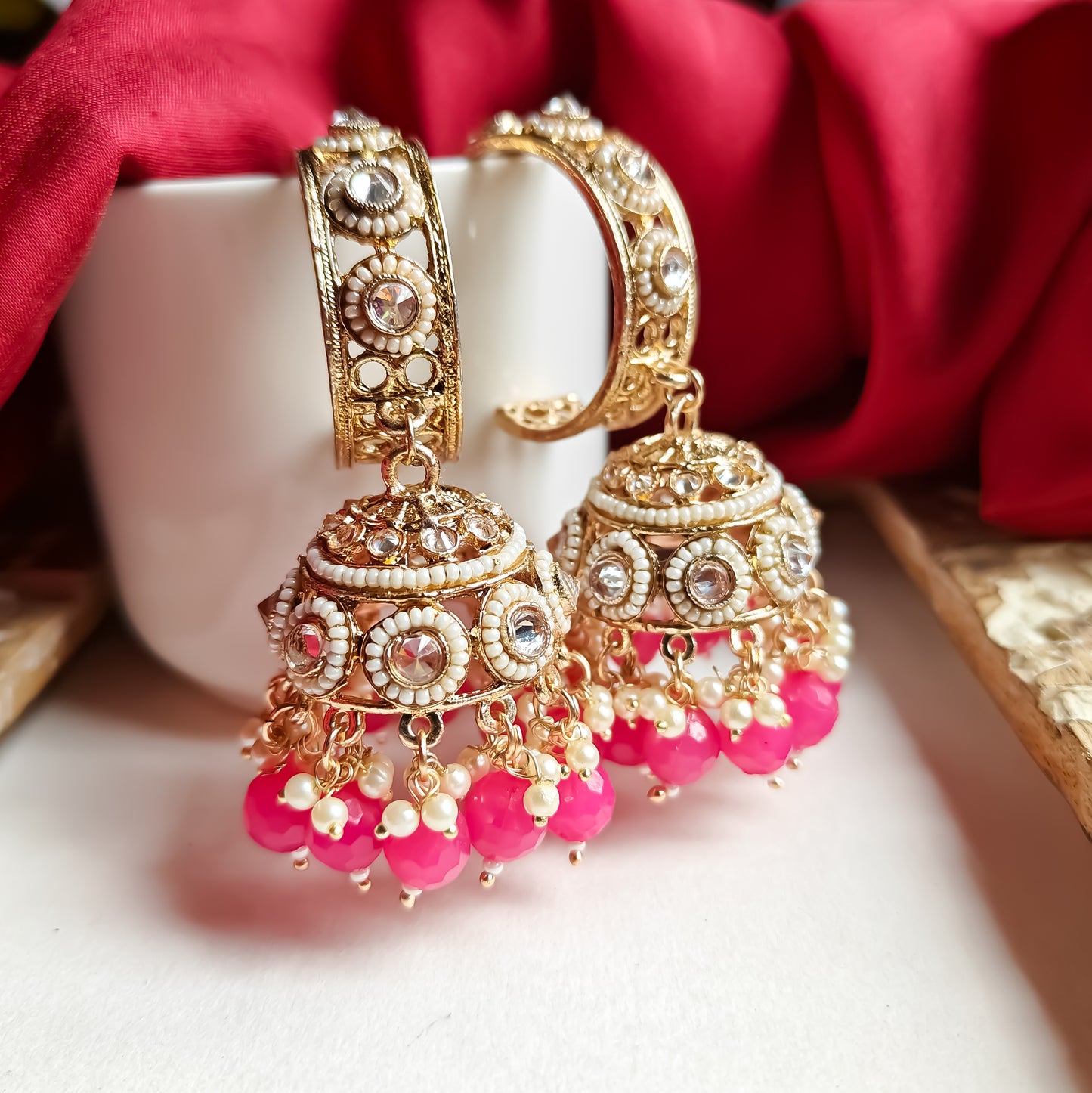 Amrina Premium Bali Jhumka Earrings - Hot Pink