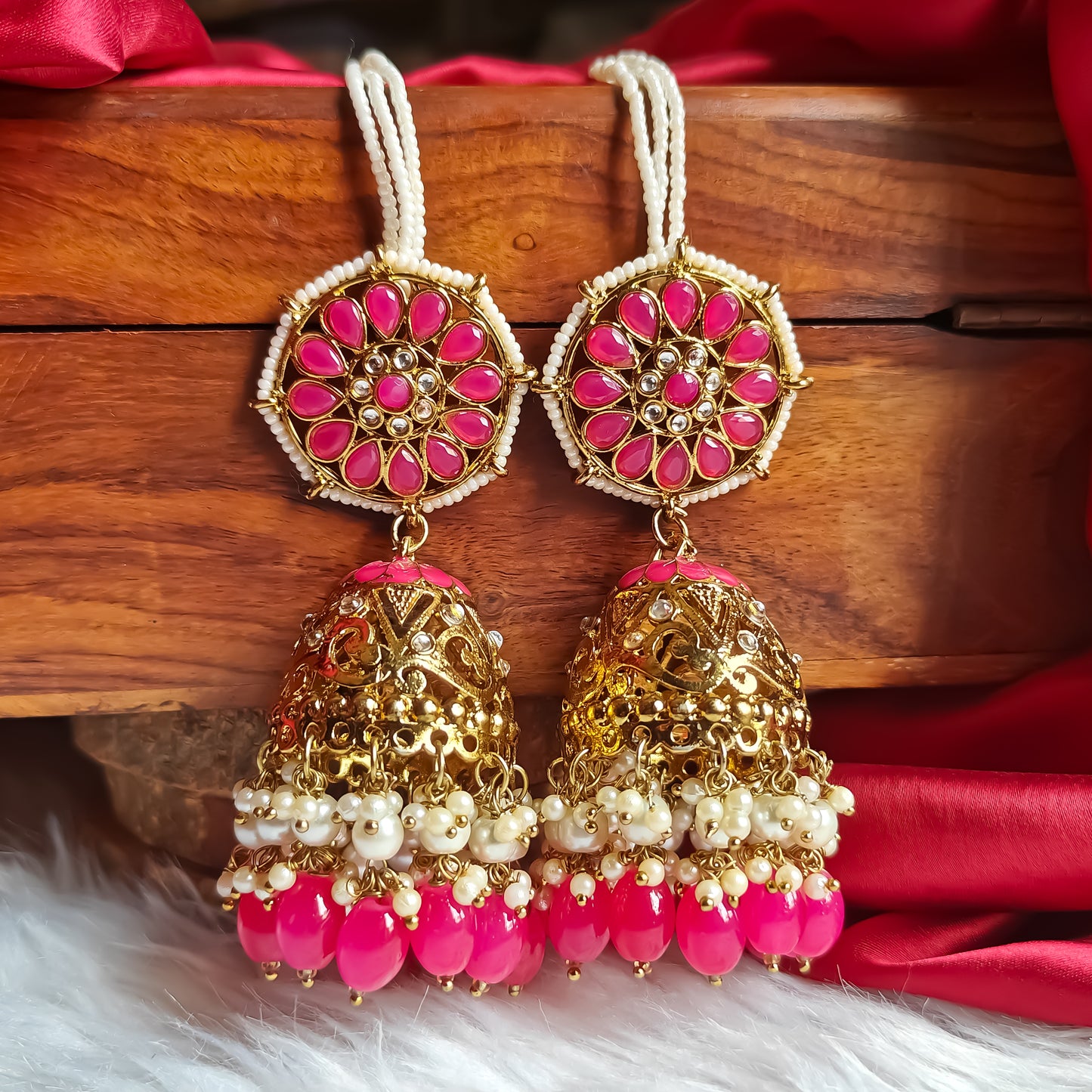 Nalini Cutwork Jhumka Earrings with Sahara- Hot Pink