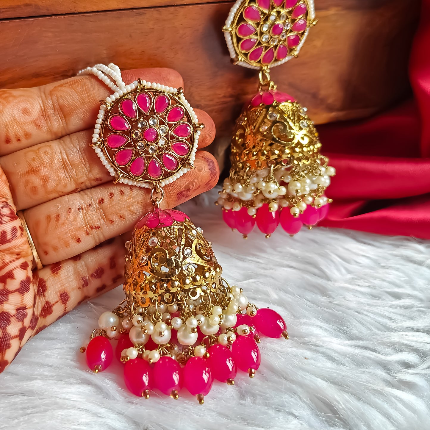 Nalini Cutwork Jhumka Earrings with Sahara- Hot Pink