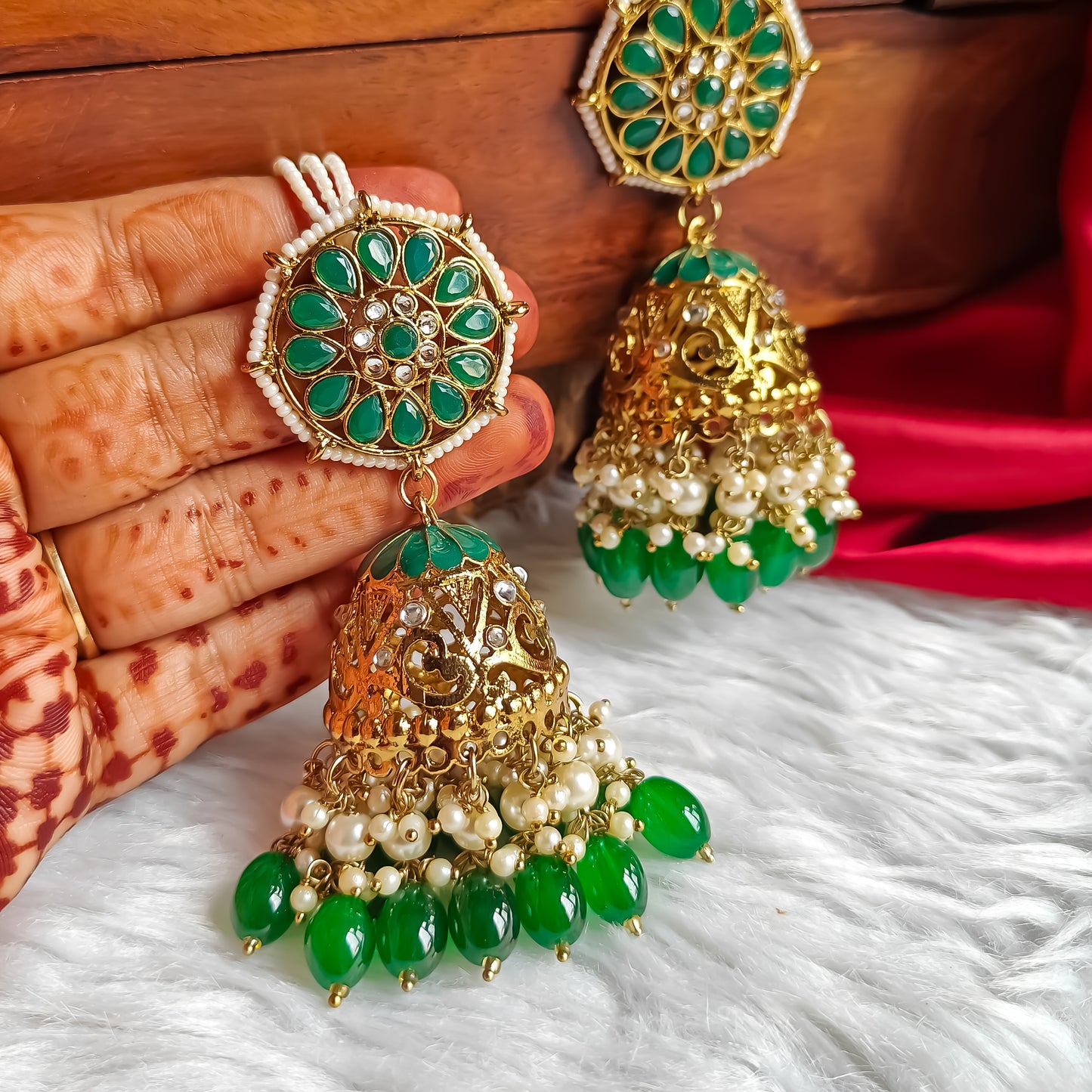 Nalini Cutwork Jhumka Earrings with Sahara- Green