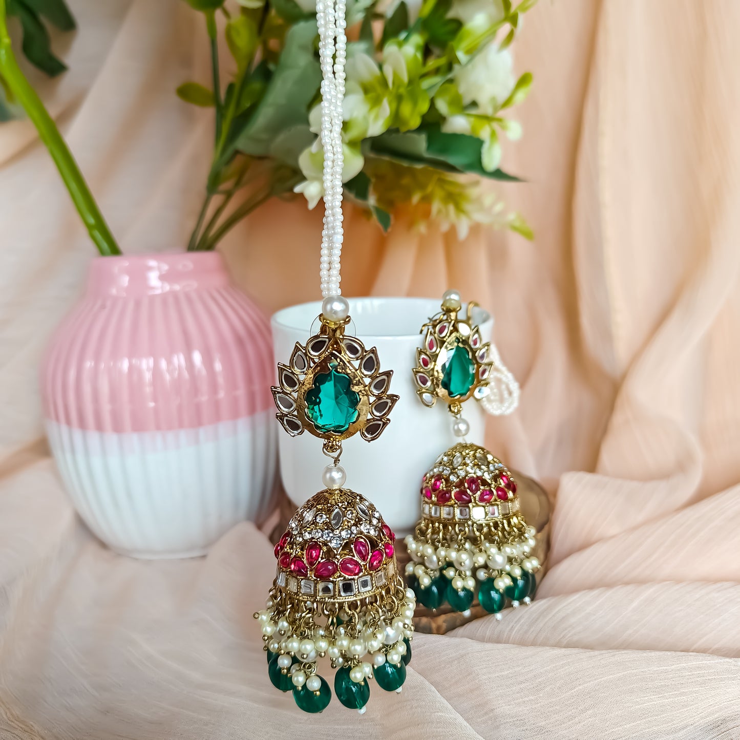 Shagun Jhumka Earrings  - Green Pearl