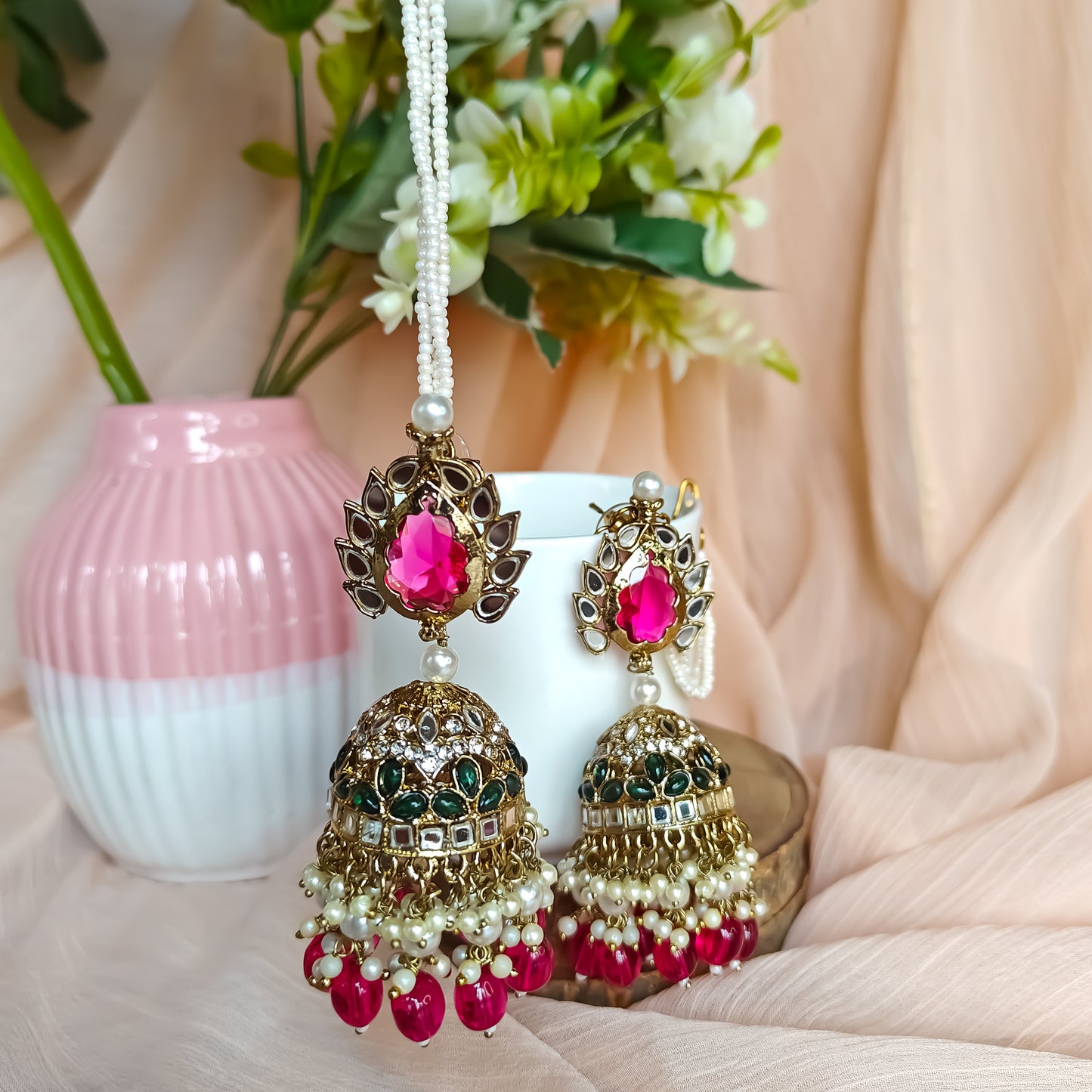 Shagun Jhumka Earrings  - Pink Pearl