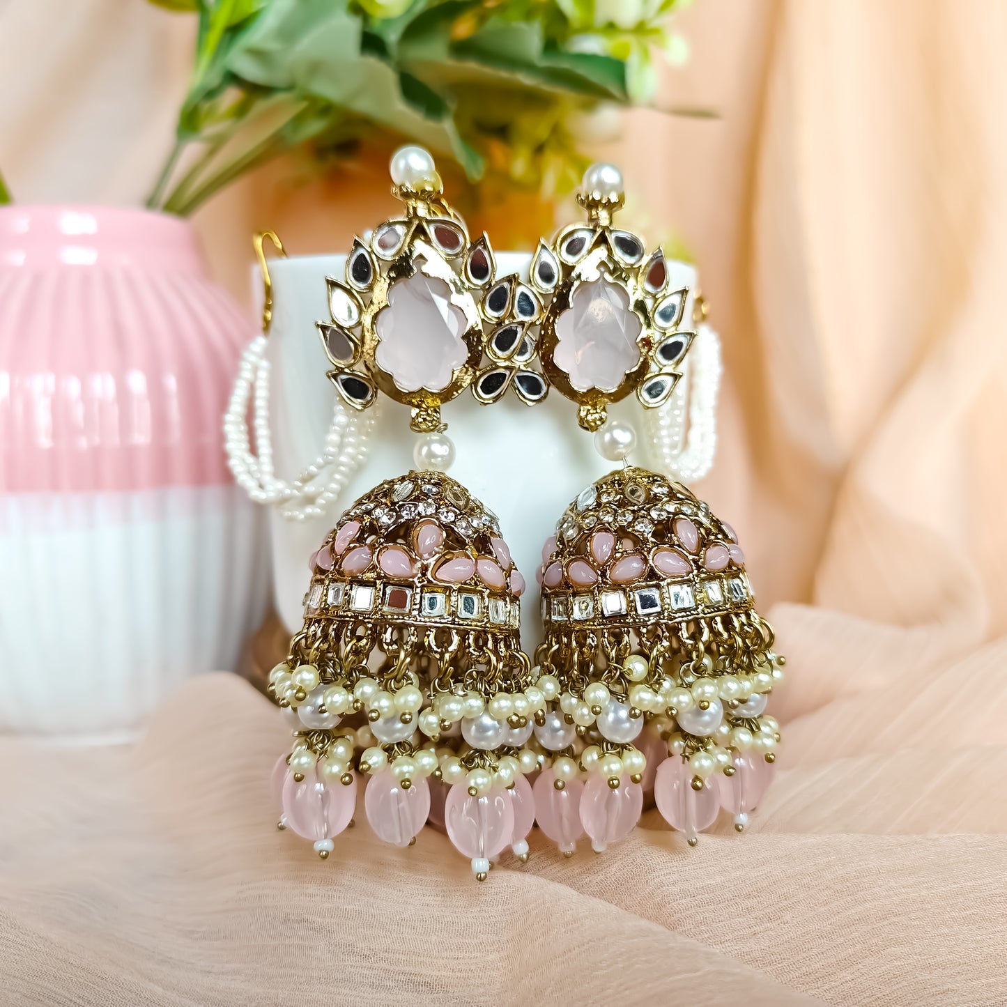 Shagun Jhumka Earrings  - Baby Pink