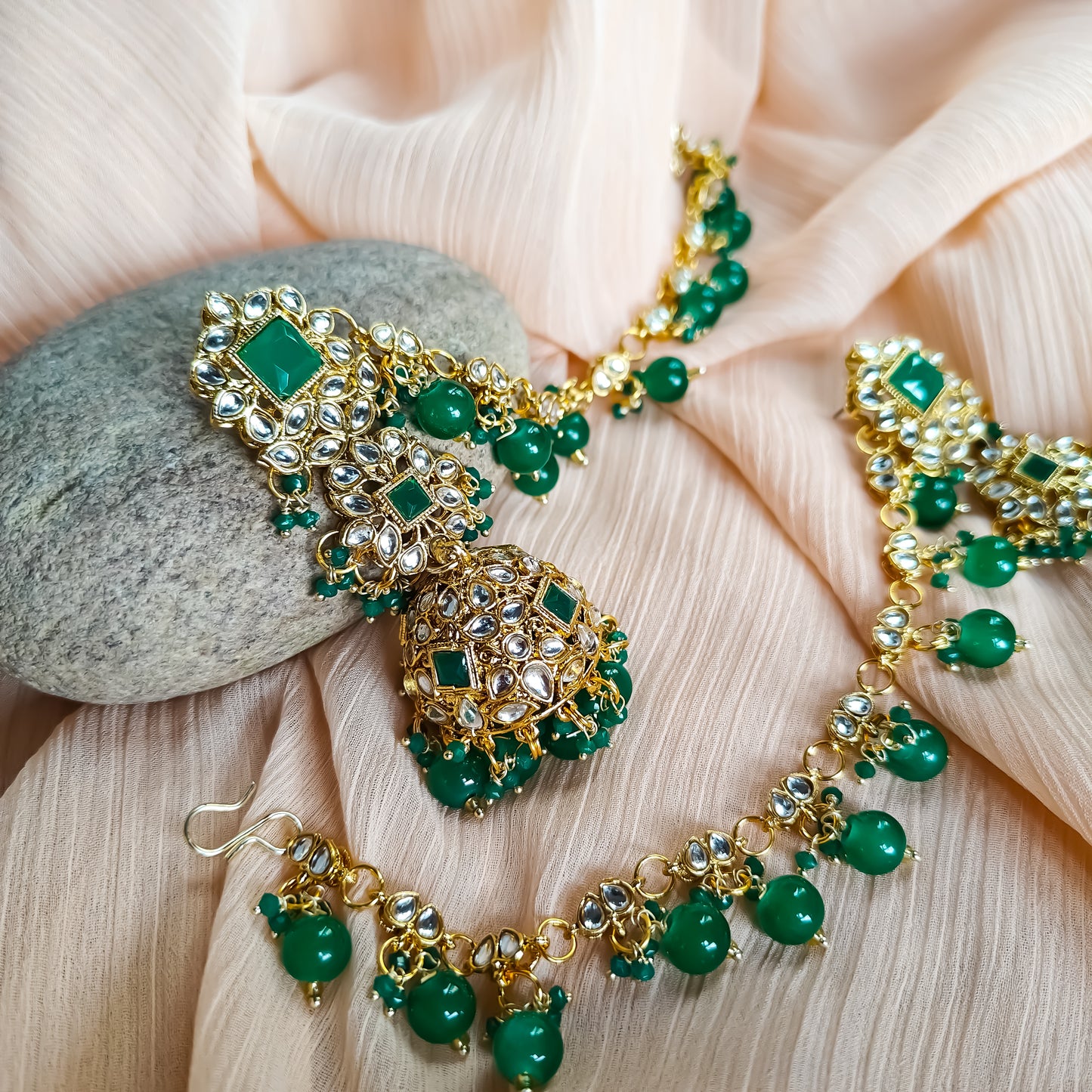 Riya Jhumka Earrings with Earchain- Green