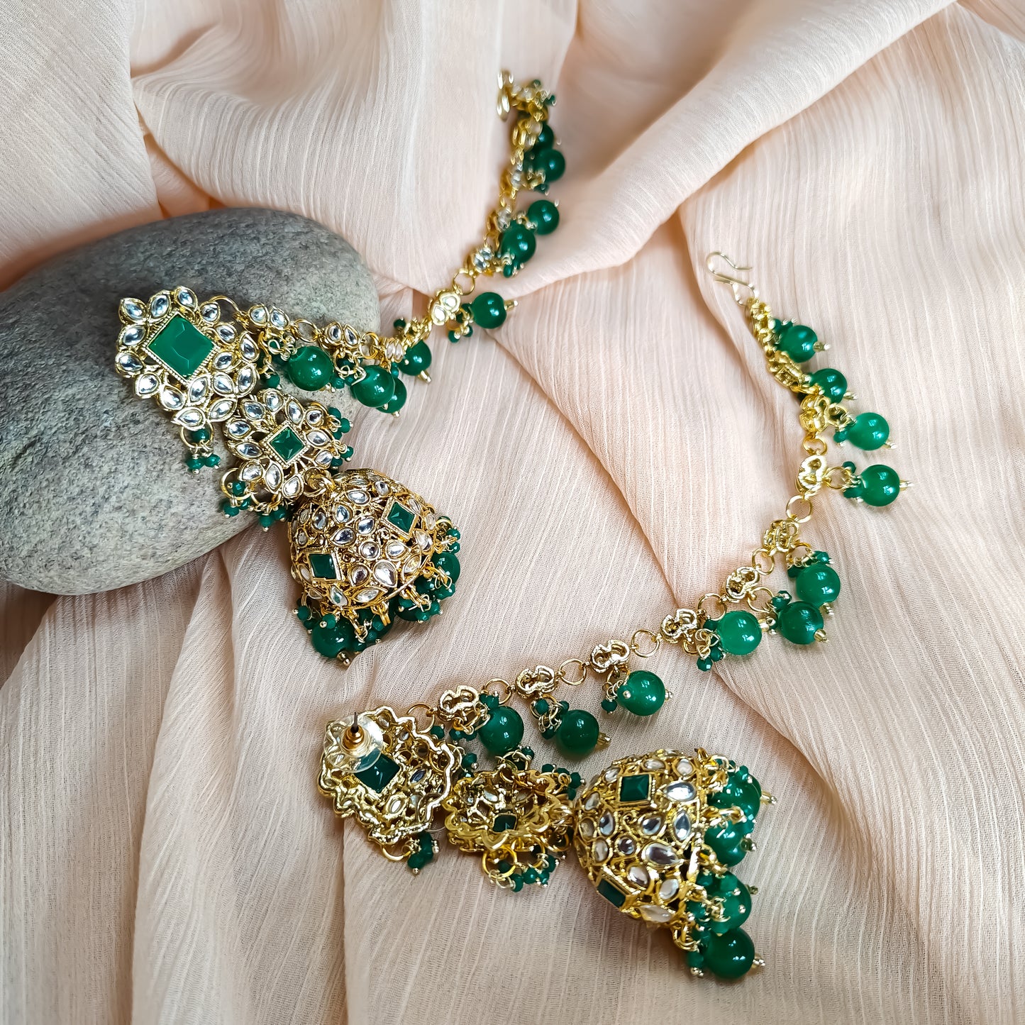 Riya Jhumka Earrings with Earchain- Green