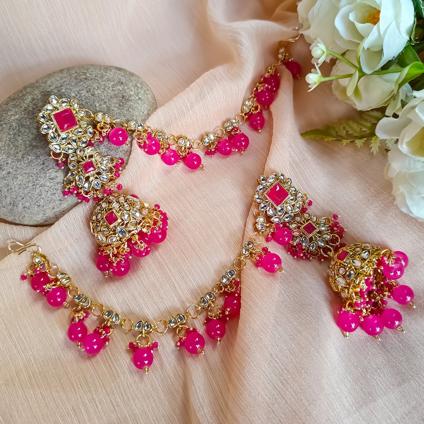 Riya Jhumka Earrings with Earchain-Hot Pink