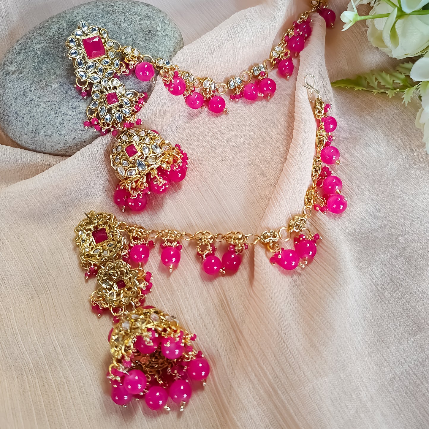 Riya Jhumka Earrings with Earchain-Hot Pink