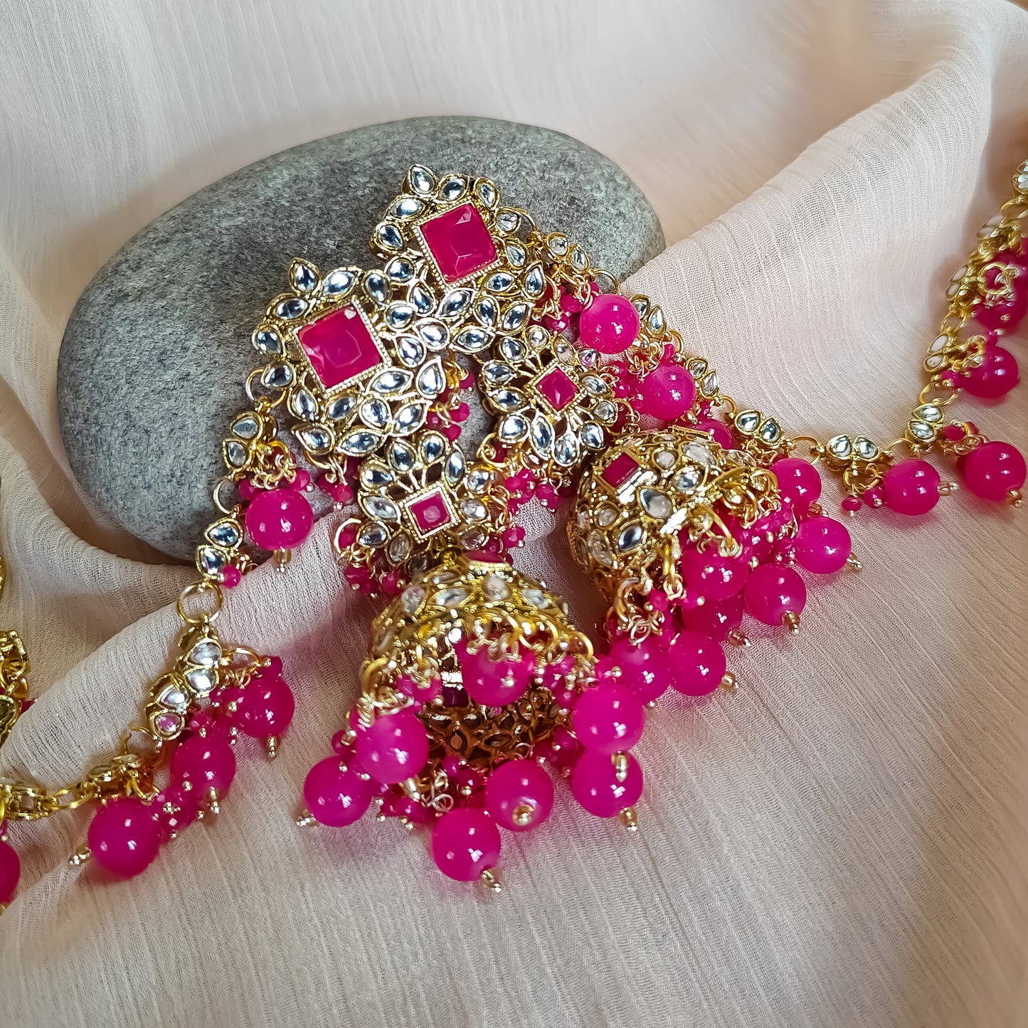 Riya Jhumka Earrings with Earchain-Hot Pink