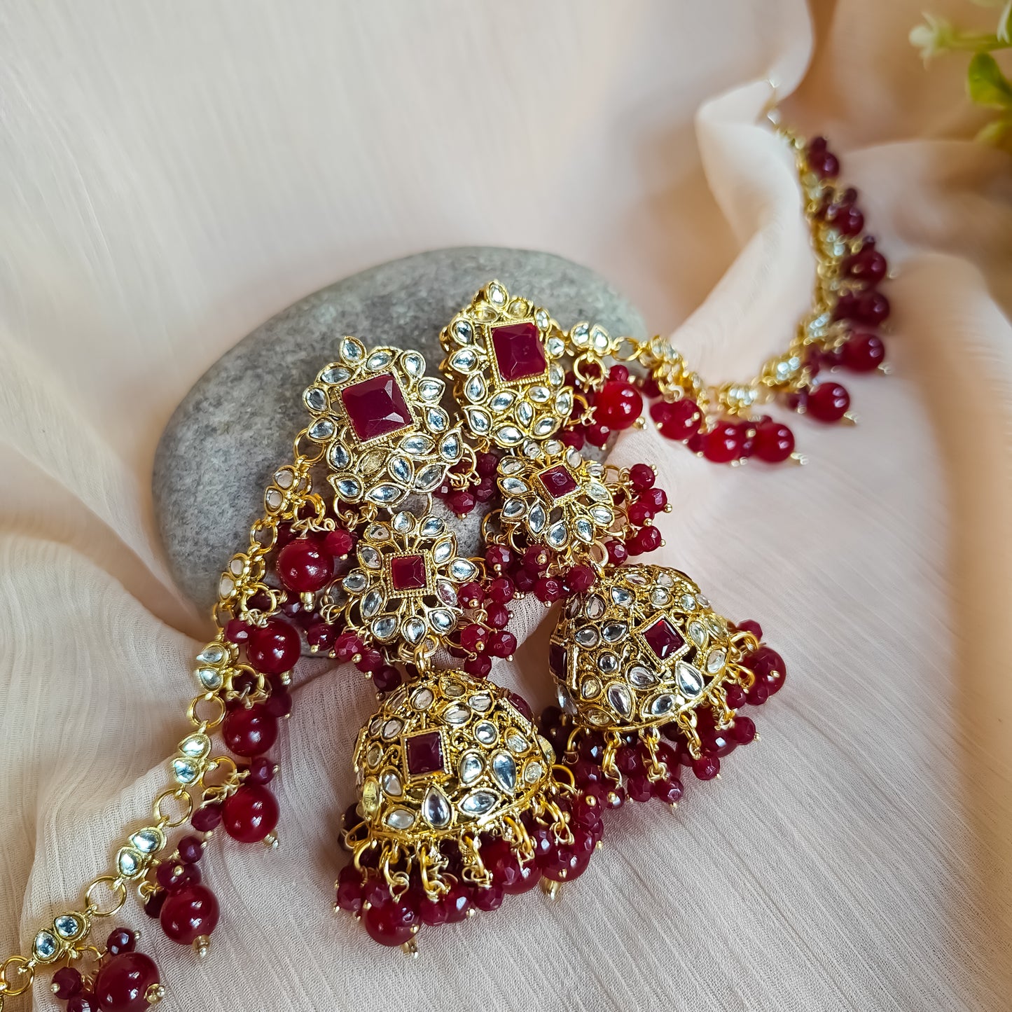 Riya Jhumka Earrings with Earchain- Maroon