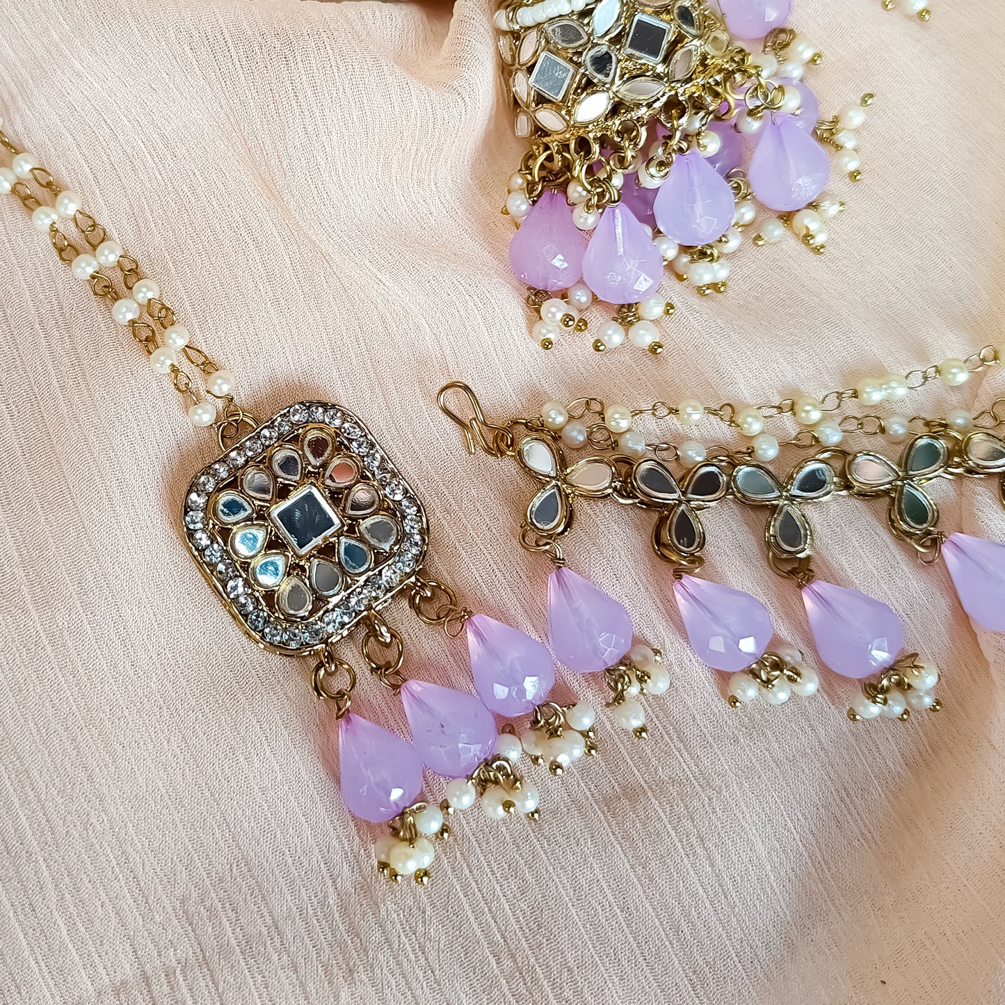 Mohika Mirror Jhumka Earrings with Sahara & Tika Set - Lavender