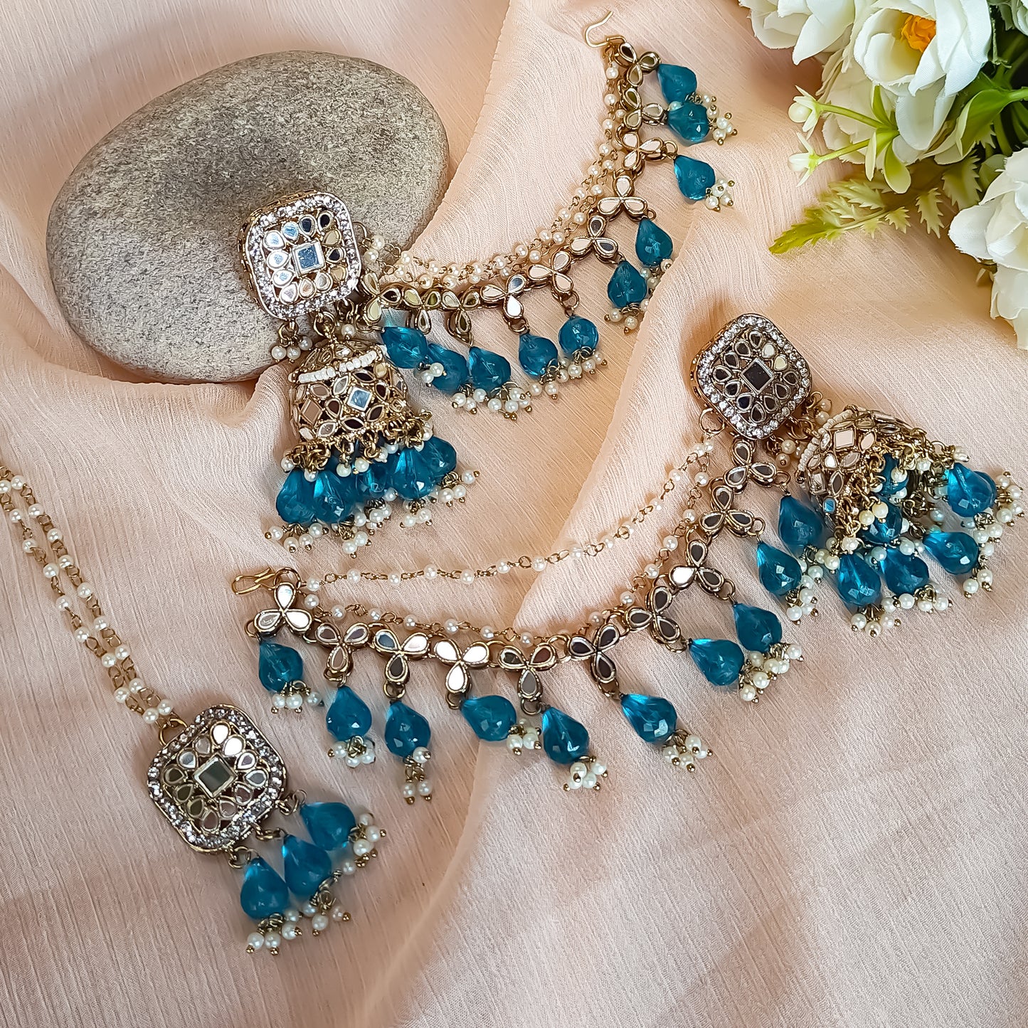 Mohika Mirror Jhumka Earrings with Sahara & Tika Set - Firozi Blue