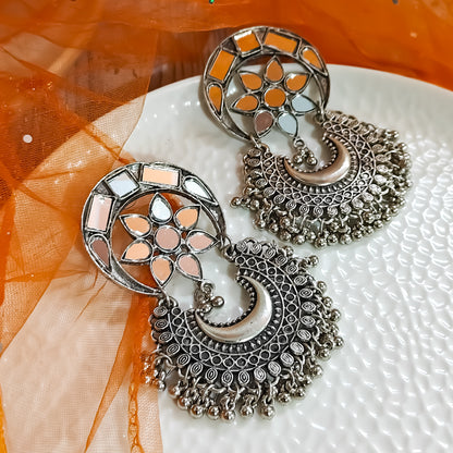 Seena Mirror Oxidised Silver Chandbali Earrings