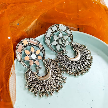 Seena Mirror Oxidised Silver Chandbali Earrings
