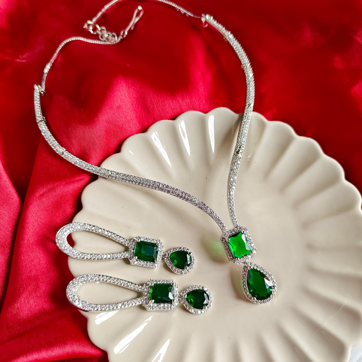 Deepika Inspired AD Necklace Set Emerald Green
