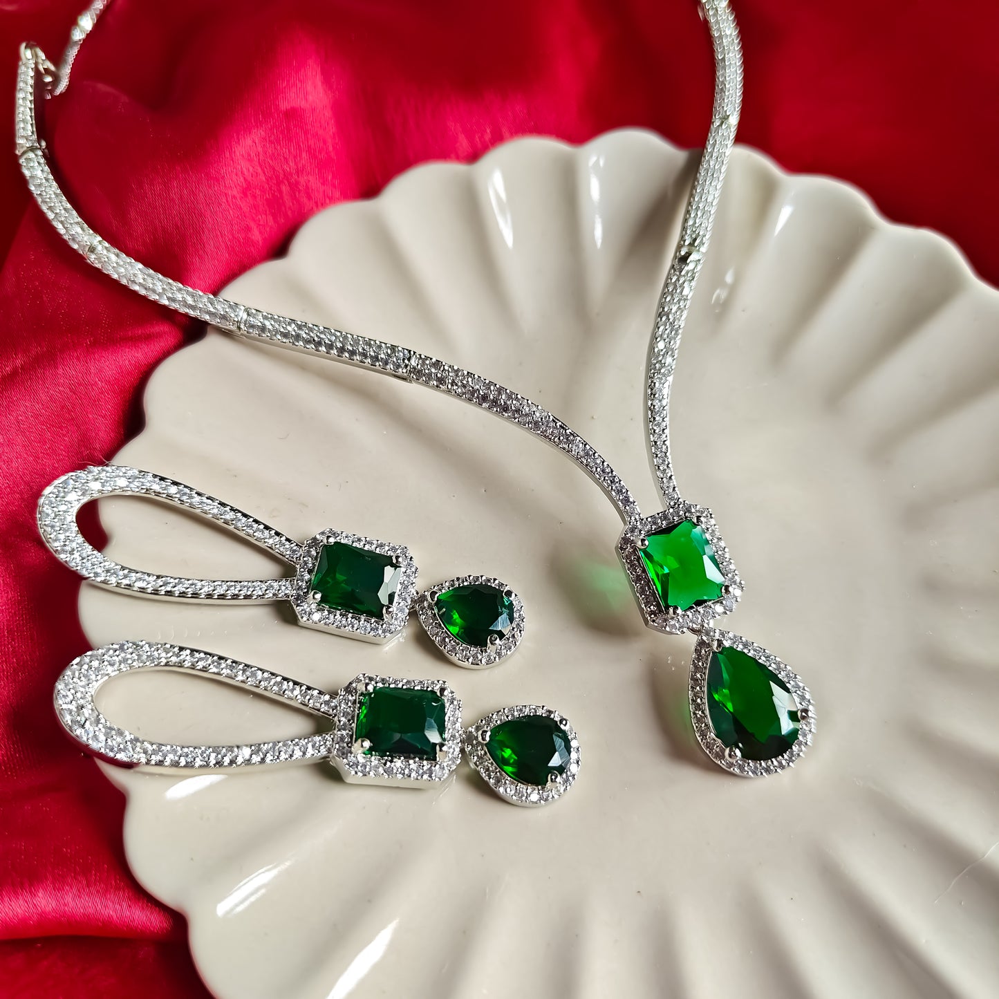 Deepika Inspired AD Necklace Set Emerald Green