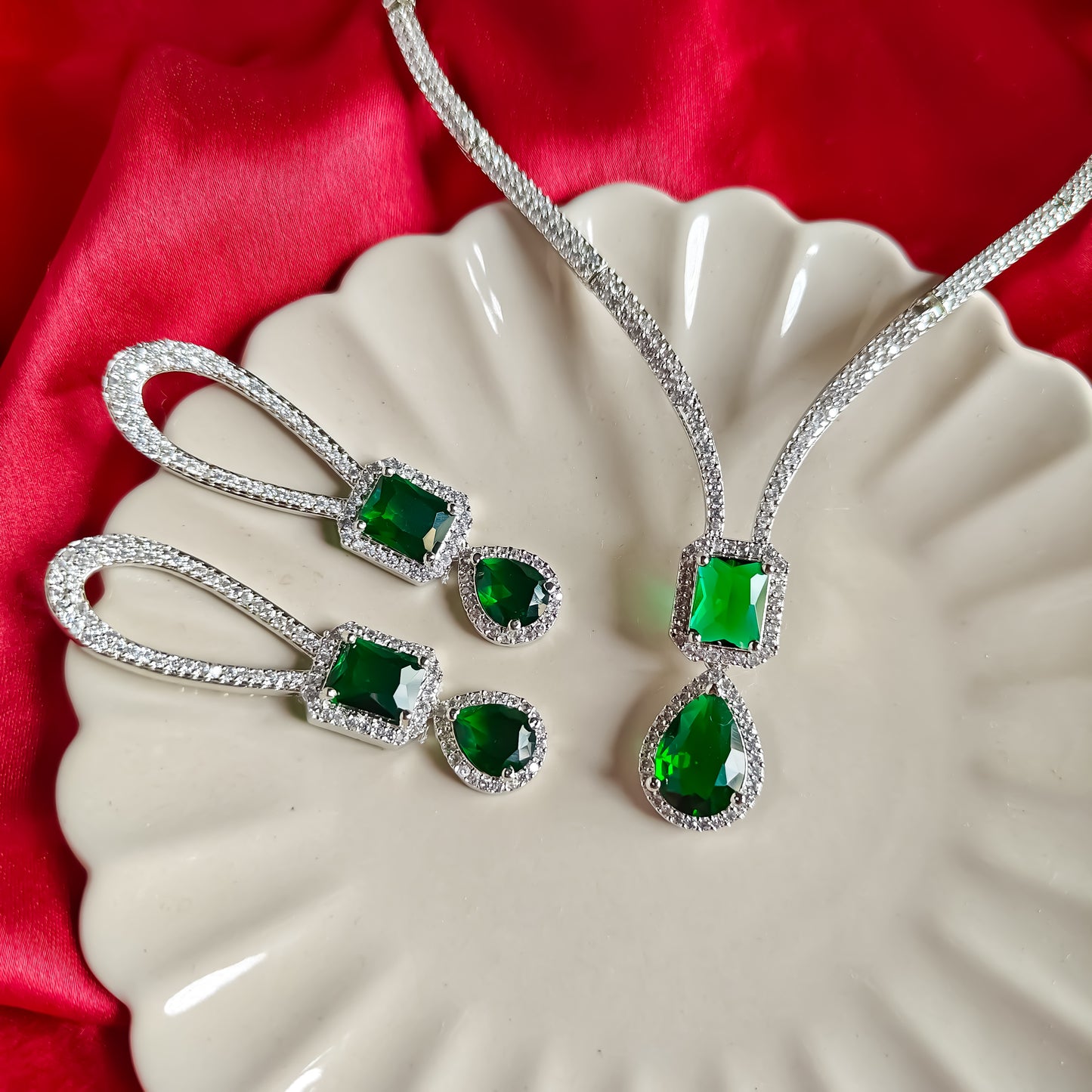 Deepika Inspired AD Necklace Set Emerald Green