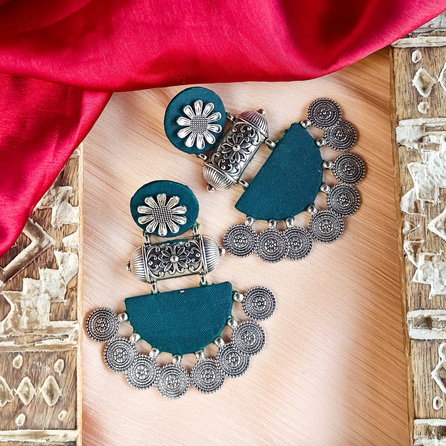 Kamakshi Fabric Chandbali Earrings - Peacock Blue