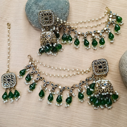 Mohika Mirror Jhumka Earrings with Sahara & Tika Set - Green
