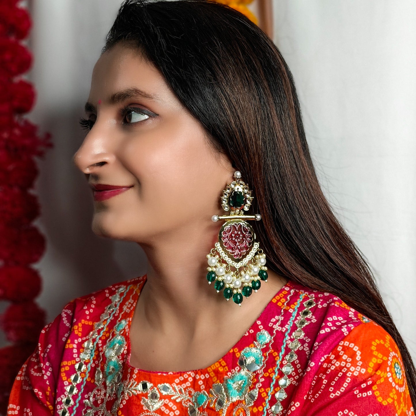Shagun Cutwork Chandbali Earrings - Green Pearls