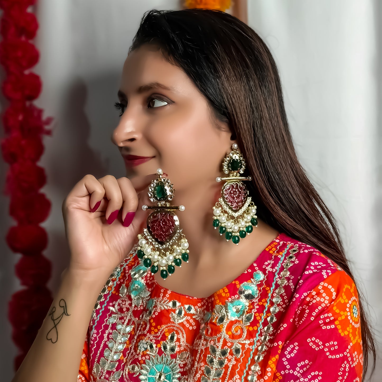Shagun Cutwork Chandbali Earrings - Green Pearls