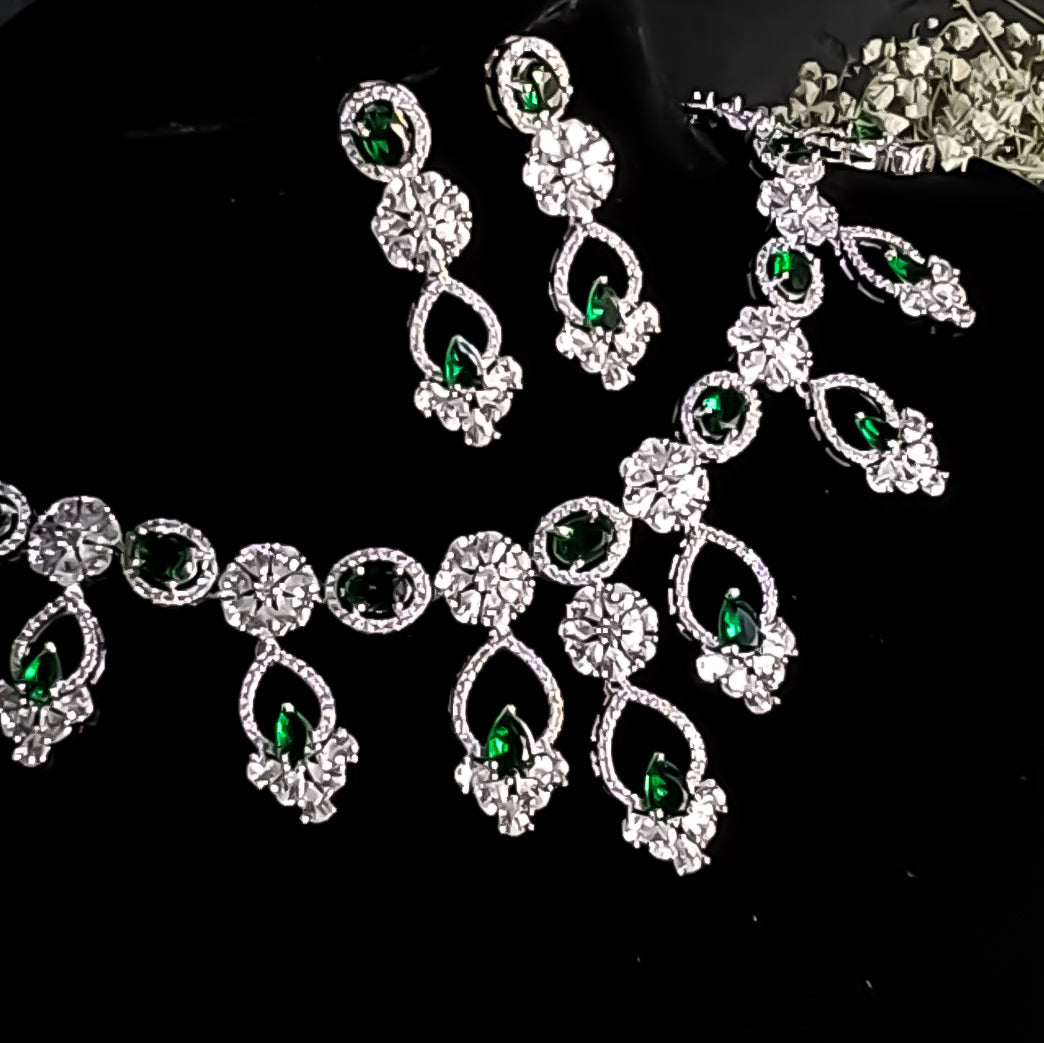 Yani Premium American Diamond (AD) Necklace Set- Emerald Green