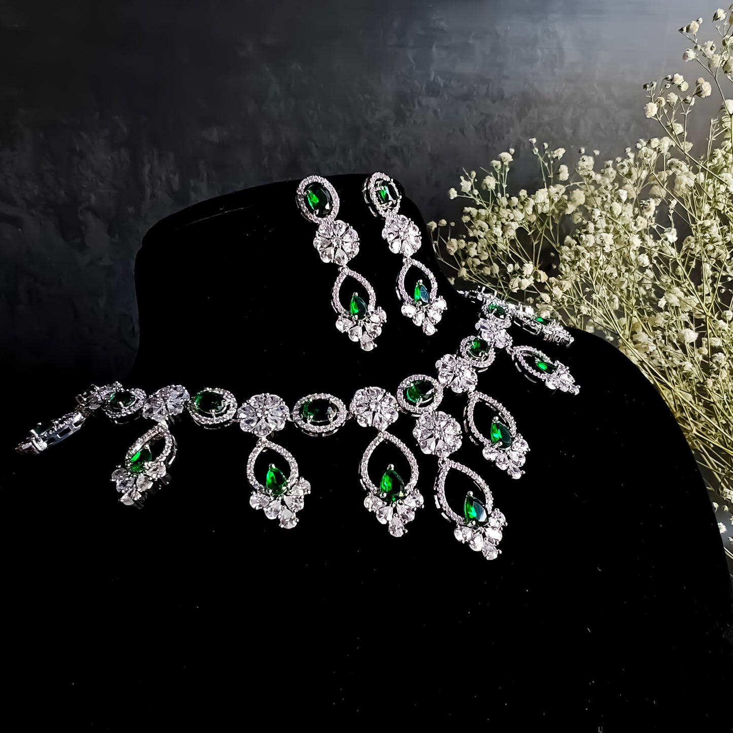 Yani Premium American Diamond (AD) Necklace Set- Emerald Green