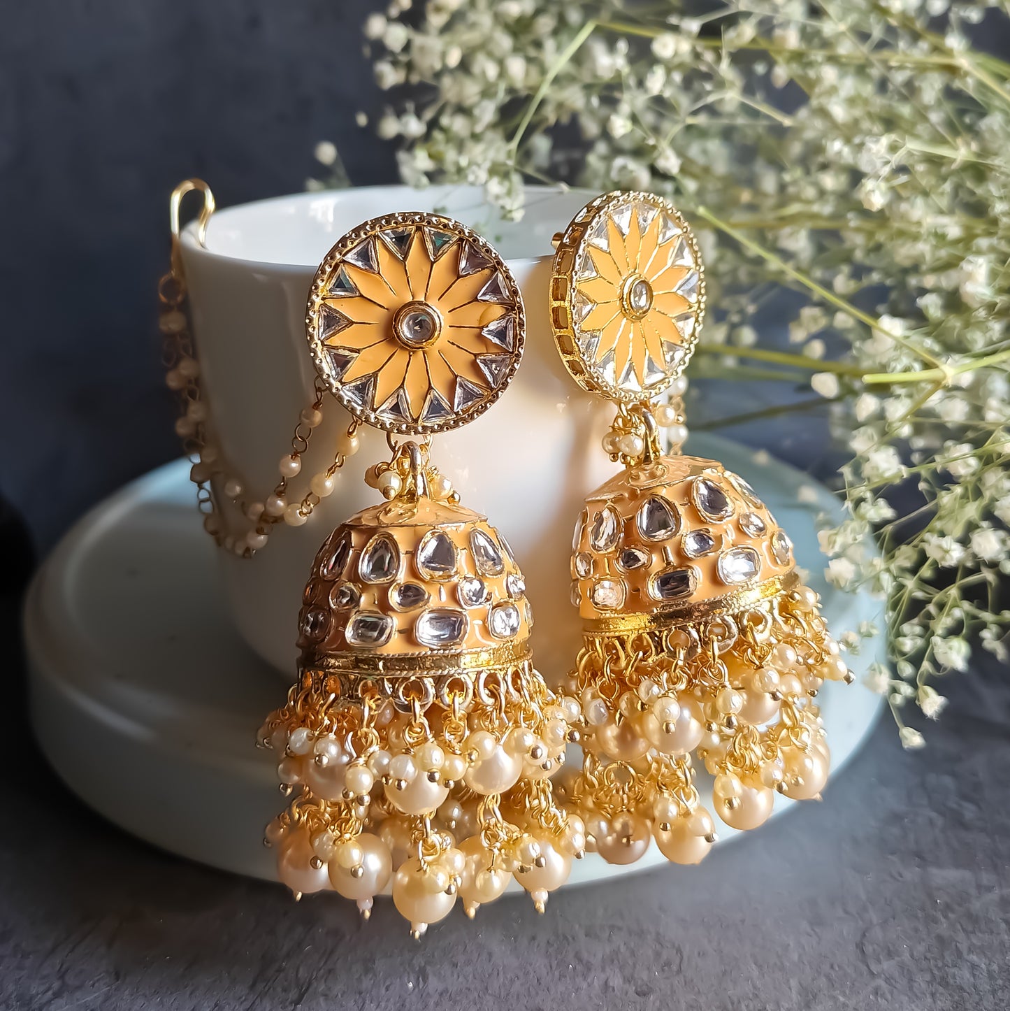 Vilandi Kundan Jhumka Earrings - Honey Yellow