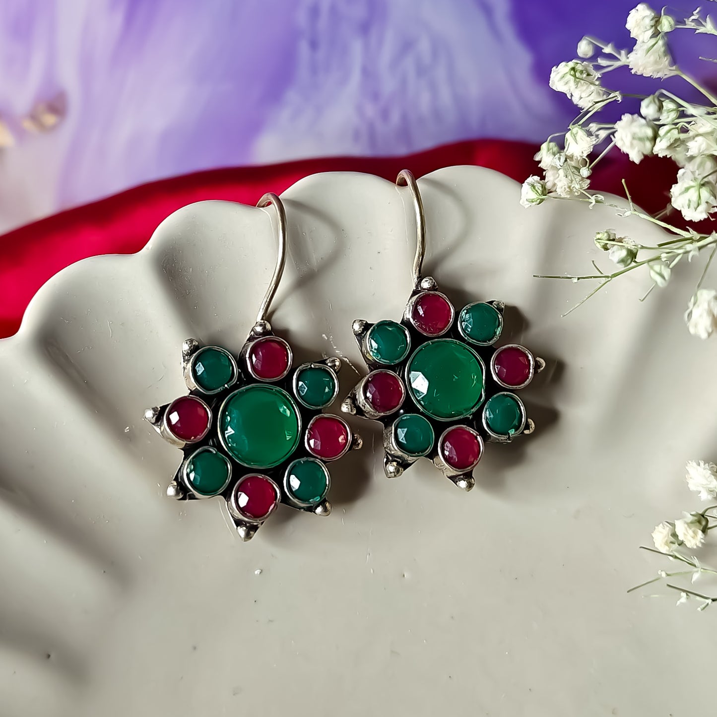 Green & Pink Floral Drop Earrings