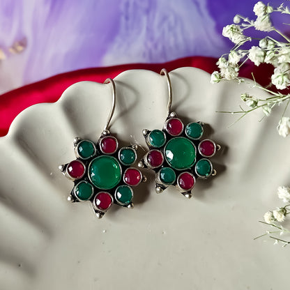Green & Pink Floral Drop Earrings