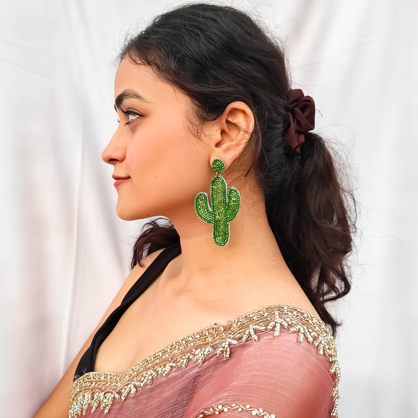 Cute Cactus Hand Embroidered Earrings - Green