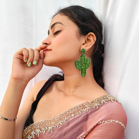 Cute Cactus Hand Embroidered Earrings - Green