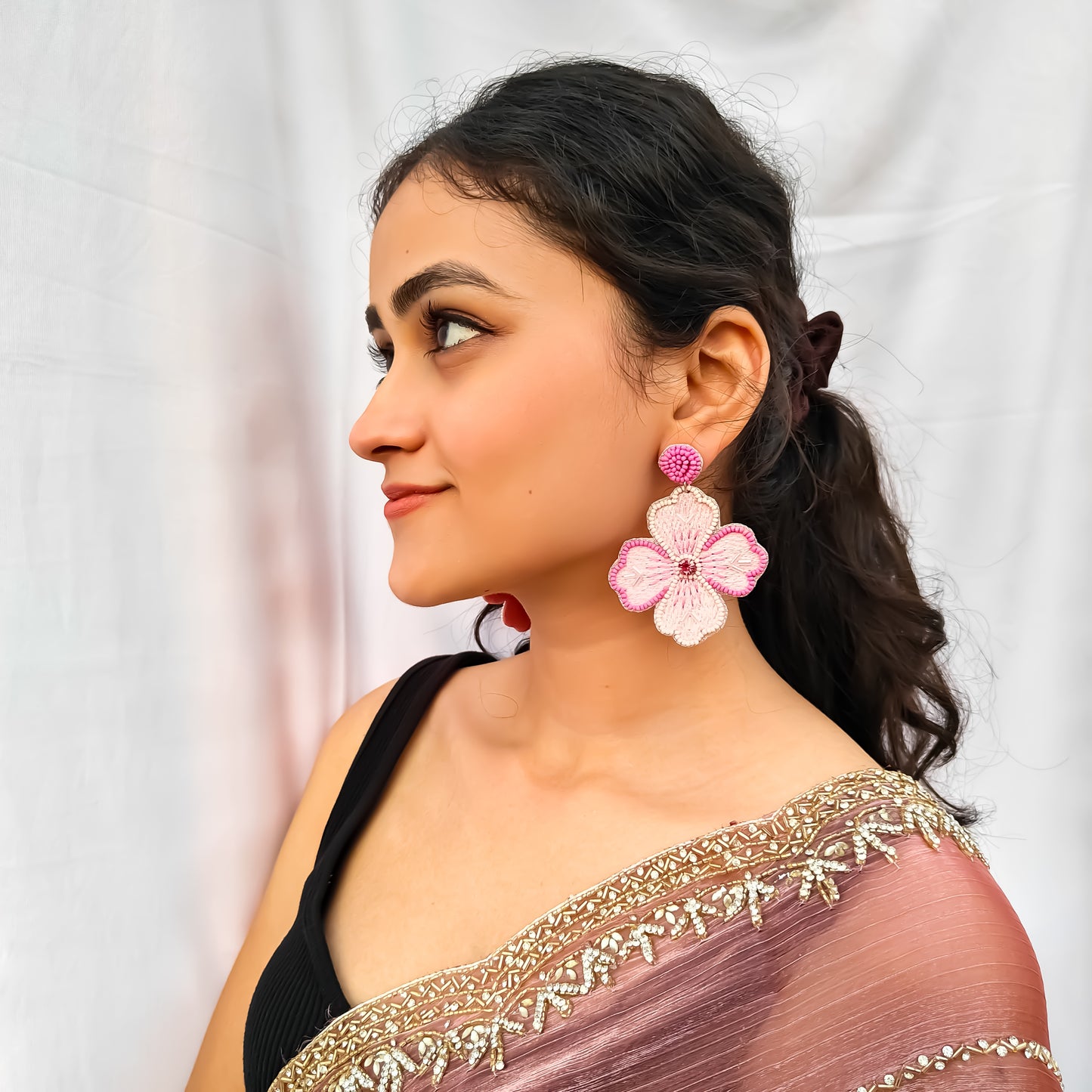 Jasmine Hand Embroidered Earrings - Pink