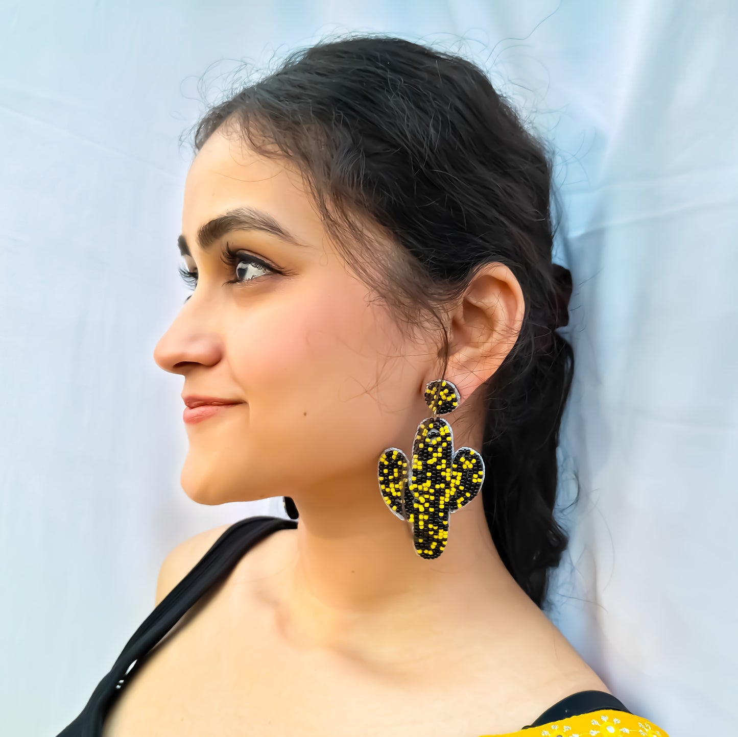 Cute Cactus Hand Embroidered Earrings - Black & Yellow