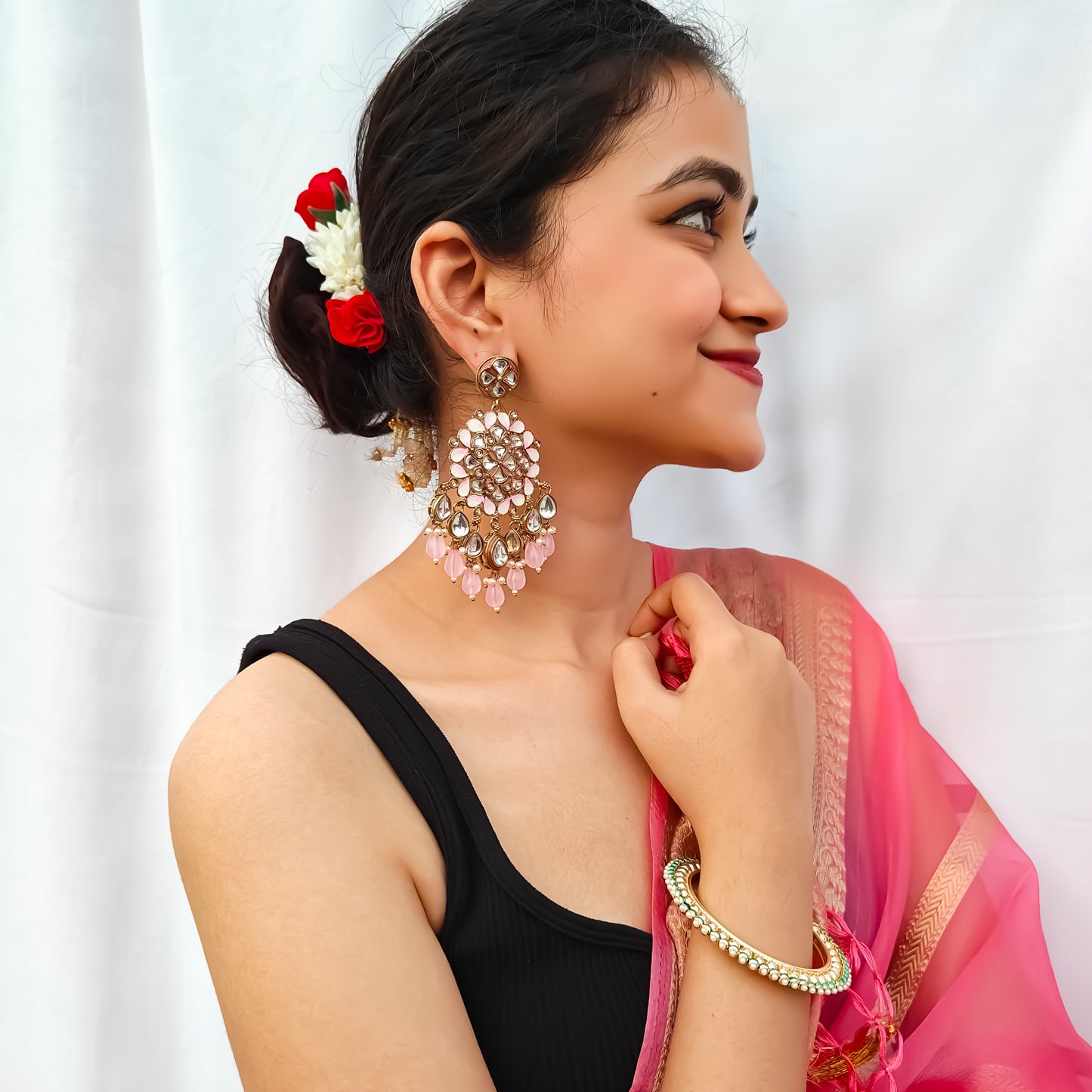 Saanjh Meenakari Chandbali Earrings Baby Pink