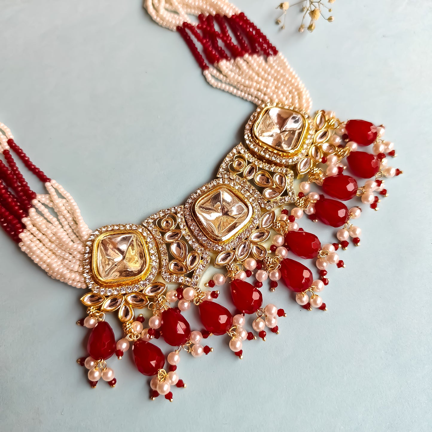 Sumer Polki Ad Necklace Set- Red