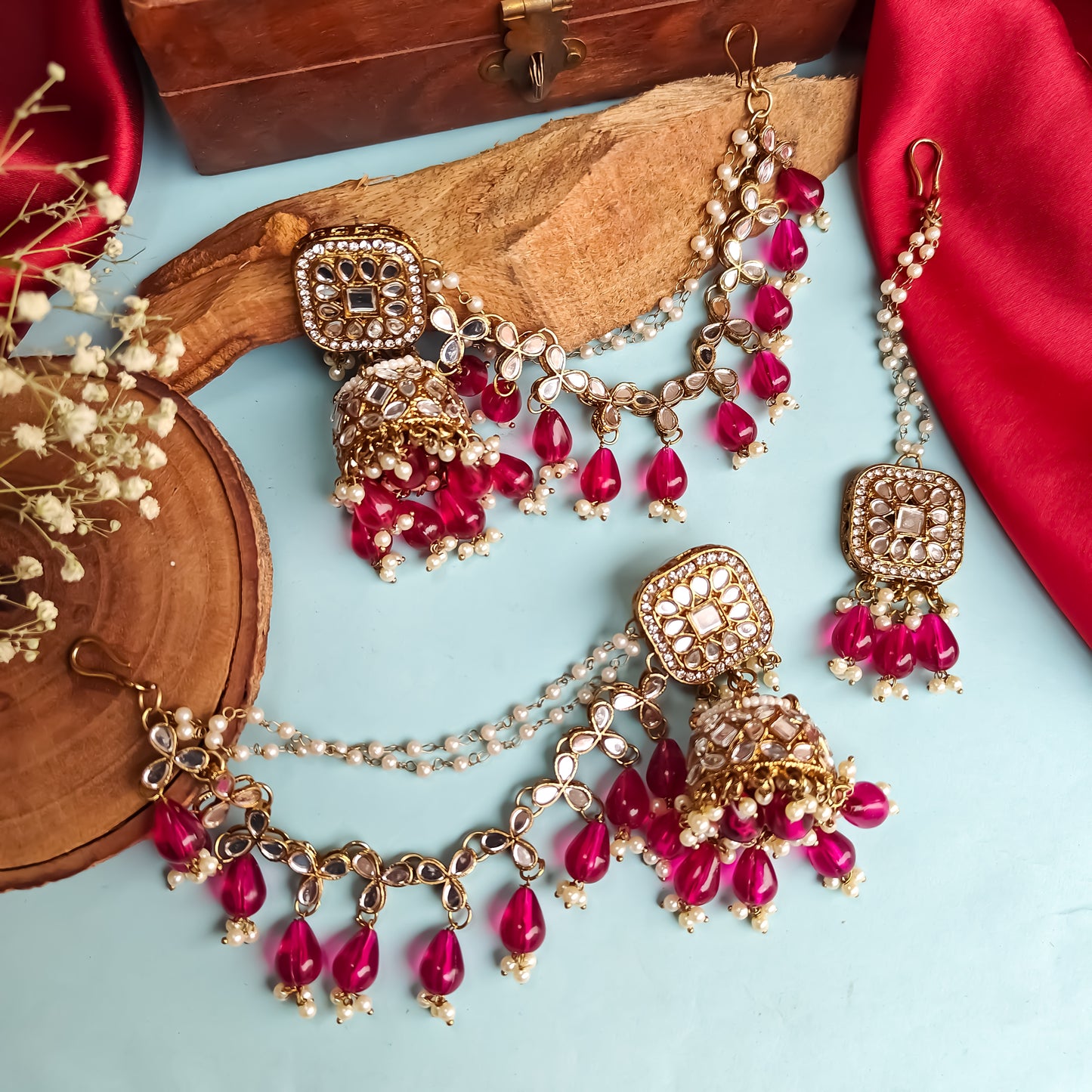 Mohika Mirror Jhumka Earrings with Sahara & Tika Set - Magenta Pink