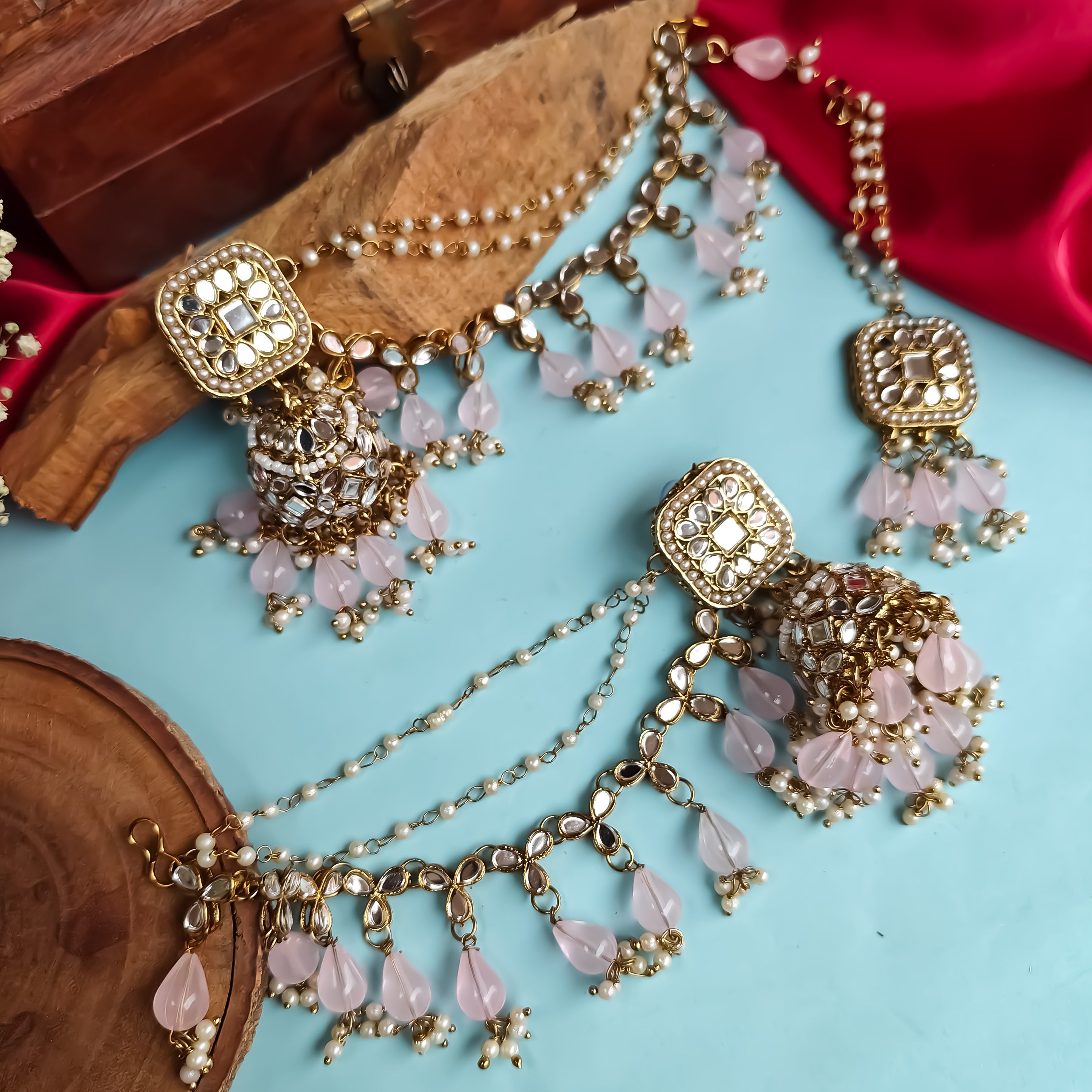 Mohika Mirror Jhumka Earrings with Sahara & Tika Set - Baby Pink – The ...