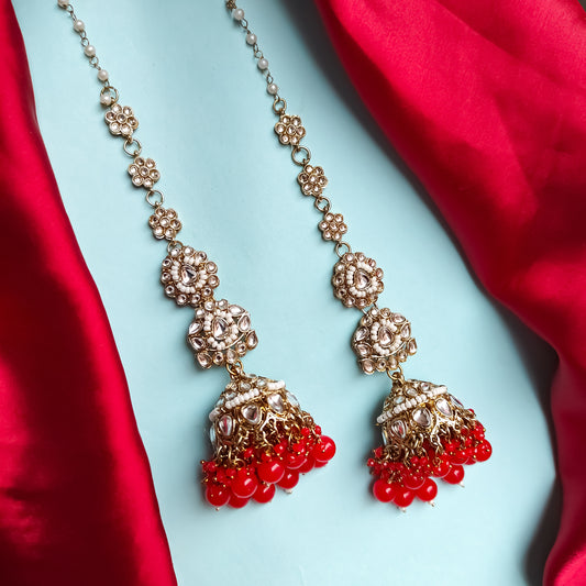 Preeta Kundan Jhumka Earrings with Earchain / Sahara - Red