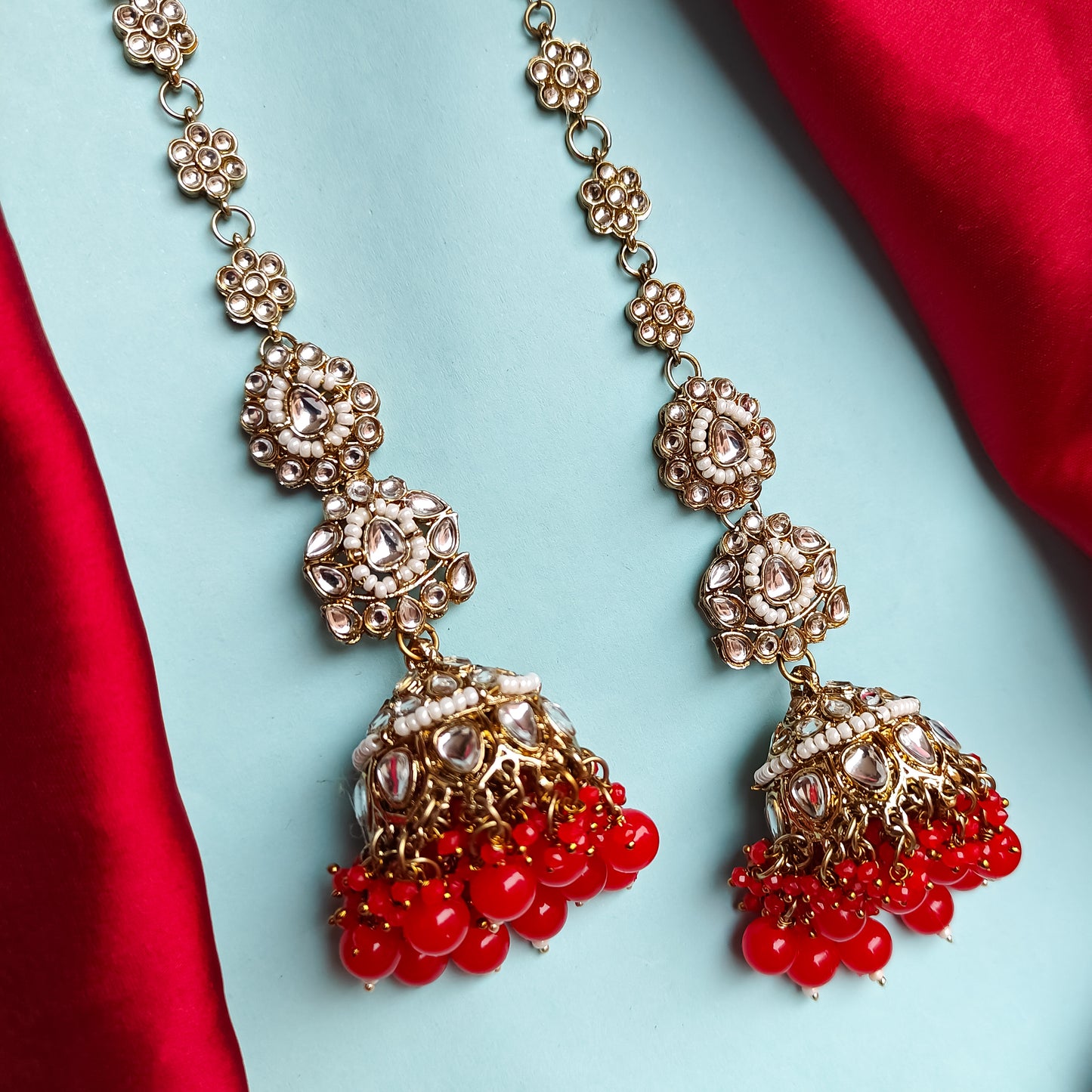 Preeta Kundan Jhumka Earrings with Earchain / Sahara - Red