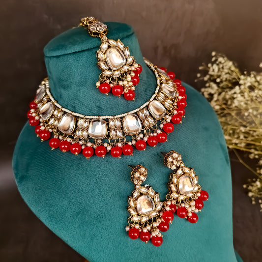 Rajvi Kundan Necklace Set- Red